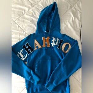 Champion Blue Hoodie - Size Small, Limited Collection with Unique Patchwork